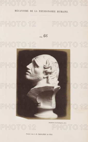Image of 'l'Arrotino', photograph, page, Unnumbered page with photo 66 from Mécanisme de la physionomie humaine ou analyze électro-physiologique de l'expression des passions (Atlas)., photographer: Guillaume Benjamin Amand Duchenne, France, publisher: JB Baillière et Fils, Paris, c. 1860 - in or before 1862, paper, albumen print, albumendruk, height 119 mm x width 92 mm, piece of sculpture, reproduction of a piece of sculpture, experiment, test, science and technology, face, morphology of facial expression, physiology and anatomy, physiognomy, nervous system, neurology, A photographic print of a white sculpted bust shown in profile against a dark rectangular background, depicting a bearded man with wavy hair swept back, a pronounced nose, and a tilted upward gaze; the bust rests on a pedestal with a curved support and a rounded base, all positioned on a light-colored page with a header of uppercase text near the top and additional small printed text below the image.