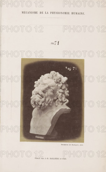 Image of 'Laocoon de Rome', photograph, page, Unnumbered page with photo 71 from Mécanisme de la physionomie humaine ou analyze électro-physiologique de l'expression des passions (Atlas)., photographer: Guillaume Benjamin Amand Duchenne, France, publisher: JB Baillière et Fils, Paris, c. 1860 - in or before 1862, Guillaume Benjamin Amand Duchenne, JB Baillière et Fils, photographer, publisher, paper, albumen print, albumendruk, height 119 mm x width 91 mm, piece of sculpture, reproduction of a piece of sculpture, experiment, test, science and technology, face, morphology of facial expression, physiology and anatomy, physiognomy, nervous system, neurology, A photograph of a sculpted bust mounted on a rectangular base, showing a head tilted back with closed eyes and an open mouth, detailed curly hair and a full beard with textured curls, the bust captured against a dark vignette background and surrounded by a light border, set on a vertically oriented page with ample blank margins.
