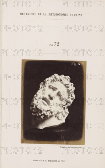 Image of 'Laocoon de Bruxelles', photograph, page, Unnumbered page with photo 72 from Mécanisme de la physionomie humaine ou analyze électro-physiologique de l'expression des passions (Atlas)., photographer: Guillaume Benjamin Amand Duchenne, France, publisher: JB Baillière et Fils, Paris, c. 1860 - in or before 1862, Guillaume Benjamin Amand Duchenne, JB Baillière et Fils, photographer, publisher, paper, albumen print, albumendruk, height 119 mm x width 91 mm, piece of sculpture, reproduction of a piece of sculpture, experiment, test, science and technology, face, morphology of facial expression, physiology and anatomy, physiognomy, nervous system, neurology, A vertical page with a large rectangular photograph centered on the lower half, showing a close-up of a sculpted male head with curly hair and a full beard tilted to the side, eyes partially closed and mouth slightly open, set against a dark background and framed by a lighter margin, with the surrounding page showing pale blank s...