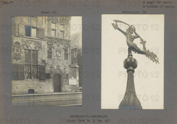 Gemeentelandshuis. Oude Delft WZ No. 167. Detail (A). Weather vane (B), Façade and the weather vane of the Gemeenlandshuis on the Oude Delft in Delft, photograph, inscription: 'The right of reproduction of these photos is reserved by the Publisher.', number: '23', inscription: 'Delft. A early 16th century. B mid-17th century.', Delft, c. 1900 - c. 1904, photographer, paper, pasteboard, gelatin silver print, developed gelatin silver print, height 167 mm x width 224 mm, weather-vane, Gemeenlandshuis, A page with two rectangular photographs mounted on a dark mat, the left photo showing a stone building facade with decorative stonework, ornate carved reliefs around windows, a central arched doorway, multiple shuttered windows with leaded panes, and a cobbled street in front, the right photo showing a close view of a metal weather vane atop a decorative finial, featuring a sculpted figure holding a curved element and a jagged tail-like extension against a light background.