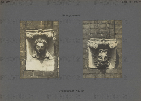Choorstraat No. 54. Corbels, Two corbels, decorated with heads, in the facade of a building in the Choorstraat in Delft, photograph, inscription: 'Delft. Late 16th century.', inscription: 'The right of reproduction of these photos is reserved by the Publisher.', number: '37', Delft, c. 1900 - c. 1904, photographer, paper, pasteboard, gelatin silver print, developed gelatin silver print, height 166 mm x width 224 mm, urban housing, ornament derived from architectural details, The image shows two rectangular photographic panels set against a dark textured background, each featuring a carved stone architectural element mounted on a brick wall; the left panel displays a sculpted female head with stylized hair beneath an ornate horizontal cornice, the stone around it appearing lighter against darker bricks, while the right panel shows a different carved face with prominent facial features and decorative scroll-like motifs under a matching cornice, also set into a brick surface with visible ...