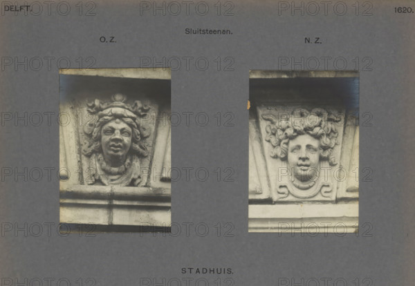 Town Hall. Keystones, Two keystones of the town hall in Delft, decorated with heads, photograph, inscription: 'Delft. OZNZ 1620.', inscription: 'The right of reproduction of these photos is reserved by the Publisher.', number: '55', Delft, c. 1900 - c. 1904, photographer, paper, pasteboard, gelatin silver print, height 168 mm x width 224 mm, townhall, keystone, architecture, Stadhuis (Delft), A rectangular gray background with two vertical photographic panels showing carved stone faces set into architectural ornamentation; the left panel contains a darker-toned carving of a face with pronounced lips, a rounded forehead ornament, wavy hair framing the face, and a draped collar below, set within a textured stone surround and a horizontal molding beneath; the right panel shows a lighter-toned carving of a face with fuller cheeks, curly hair forming a rounded mass around the head, a decorative collar element below, and flanking triangular stone panels, with both panels bordered by thin dar...
