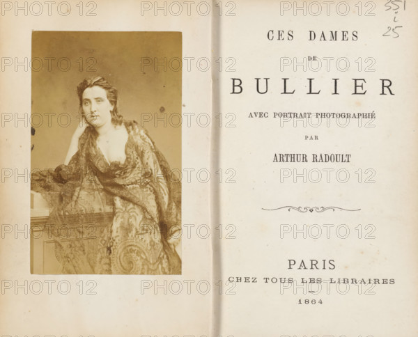 Ces dames de Bullier, book, inscription: 'according to Henri d'Alméras, La vie parisienne sous, le second Empire, p385, is ...:, Gustave Foller', inscription: 'not mentioned at, Charles Guillemin:, purchased at Lokse, The Hague, July 1963, for f15, -', photographer: Arthur Radoult, writer (clerical worker): anonymous, printer (person): Imprimerie Vallée, Paris, 1864, Arthur Radoult, Imprimerie Vallée, photographer, writer (clerical worker), printer (person), pasteboard, paper, textile materials, letterpress printing, albumen print, gold print, color on cut, moire, height 138 mm x width 90 mm x thickness 14 mm, A sepia photograph of a woman seated and partially draped in a patterned lace shawl occupies the left side, showing her leaning on one hand with an exposed shoulder and a neutral facial expression, her hair pulled back; the right side shows a pale page with printed lines and a decorative flourish, a vertical fold down the center, and slight aging marks and small spots.