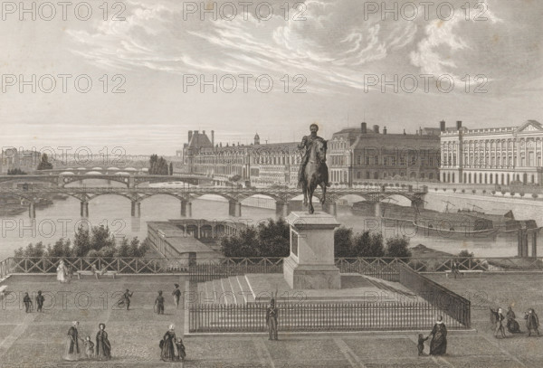 View taken from the Pont Neuf, View from the Pont Neuf of the equestrian statue of Henry IV of France, Views of Paris, print, page, Paris, publisher: Jean Baptiste Marie Chamouin, c. 1845 - in or before 1850, printmaker, paper, steel engraving, height 155 mm x width 230 mm, Print on the twelfth unnumbered page after the title page. Print made after a daguerreotype., Person, Henry IV (King of France and Navarre), city-view in general, 'veduta', monument, statue, Pont Neuf (Paris), A detailed engraved scene shows a riverside view with multiple arched bridges spanning the water and ornate buildings along the far bank. In the foreground a raised terrace or plaza with paved patterns is bordered by a fence and balustrade, and a pedestal supports an equestrian statue. Figures in period dress are scattered across the terrace, including adults and children walking, standing, and interacting. Trees and shrubbery line the lower edge of the terrace and a small dock with moored boats sits along the...