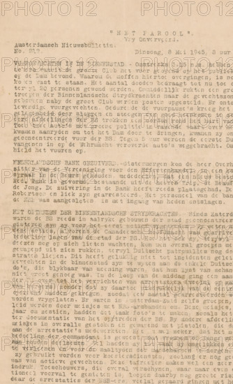 Amsterdam News Bulletin of Het Parool, newspaper, Issue of the illegal newspaper Het Parool, 5th year no. 212, 2 pp. Caption, front page: 'Firefights in the city center'. Dated: above., publisher: Parool, Het, Amsterdam, 1945-05-08, paper, mimeography, height 32 cm x width 21.4 cm, Liberation of the Netherlands (1945), Liberation Second World War, illegal press, Netherlands, Europe, Period, 1945, A slightly yellowed sheet of paper with uniform typed lines covering most of the surface, showing darker typed impressions and lighter areas where ink is faded, faint vertical and horizontal creases, and small irregular specks and smudges scattered across the page.