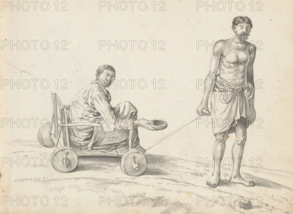 Beggar in a cart pulled by another man, Handicapped beggar in a cart and his mate (former title), sketchbook page, On the left, a four-wheeled wooden cart stands on a sloping road, in which a person sits with knees drawn up, dressed in a long shirt with long sleeves and a loincloth (veshti, lungi). The outstretched right hand holds a small bowl: a begging bowl. On the right stands a man pulling the cart with a rope attached to a pulley in his right hand. He wears only a knee-length, rolled-up loincloth (veshti, lungi). His hair is parted in the middle and probably tied back tightly; he has a moustache and a short beard. The cart is simple and consists of a slatted base, a slatted backrest, and sticks as side supports. Beneath this are two axles, each with two wooden wheels fixed with iron pins. A checkered cloth lies over the armrest and on the base. At the front is a rope with which the cart is pulled. Sheet 10 from a sketchbook with 117 sheets., draftsman (artist): Esaias Boursse, Sr...