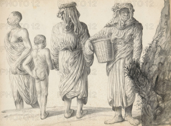 Three women and a child, sketchbook page, On the left, a woman is walking out of the frame. She is wearing a South Indian wrap dress (selai or sari) the end of which falls forward over her right shoulder and covers her breasts. She has short curly hair, possibly a working woman from South India. Next to her stands an unclothed child: a boy or a girl, probably Eurasian. The child has short wavy hair combed back and is holding the woman standing next to him with his right hand. That woman is wearing a wrap skirt (redda) with a wide Portuguese blouse with long sleeves (hatte) over it. The folded-down 'collar' of the invisible V-neck is clearly visible. She is wearing a headscarf with a carrying ring on it. The woman on the right is dressed in a long wrap skirt (redda) and a wide Portuguese blouse with long sleeves (hatte). A cloth is wrapped around her head and neck, with a carrying ring on top. She holds a wicker basket against her hip with her right arm. She may have a carrying strap ar...