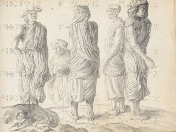 Five women labourers at the roadside, sketchbook page, Group of five women outside on a sloping road. Their faces show South Indian features. All five are dressed in a long South Indian wrap-around garment (selai or sari) that is wrapped over the upper body via the back and shoulder, tucked back into the waist, and covers the breasts. All five women have their heads and hair covered with headscarves of varying sizes: from very simple to thickly wrapped. The woman on the left stands with her feet behind a mound of earth. They are likely laborers from South India or Jaffna, brought to Colombo for earthwork. Sheet 105 from a sketchbook with 117 sheets., draftsman (artist): Esaias Boursse, Sri Lanka, 1662, draftsman (artist), South Asia, materials by function, paper, ink, brush, brush in gray, height 148 mm x width 196 mm, Asiatic races and peoples: Indians, working class, laborers - AA - women, clothes covering the entire body (with NAME), overseas history, Colombo, Period, 1662 - 1670, A...
