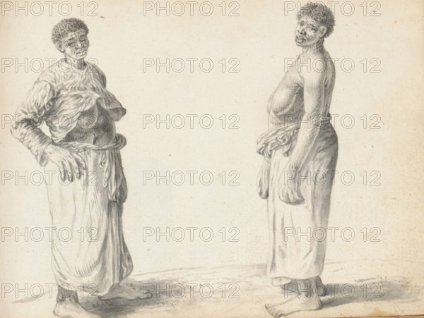 Two wet nurses, sketchbook page, Outside, two women with African features and short curly hair are standing facing each other. The woman on the left is wearing a wrap skirt (redda) and a Portuguese blouse with long sleeves (hatte), under which her breasts are visible. An object protrudes from the waist of her tucked-in wrap skirt, possibly a knife handle. The woman on the right is also wearing a wrap skirt (redda) but no upper clothing. They are probably wet nurses. Sheet 107 from a sketchbook with 117 sheets., draftsman (artist): Esaias Boursse, Sri Lanka, 1662, draftsman (artist), South Asia, materials by function, paper, ink, brush, brush in gray, height 148 mm x width 196 mm, Africans, wet-nurse, skirt (with NAME), clothing for the upper part of the body (with NAME), overseas history, Colombo, Period, 1662 - 1670, Two standing figures drawn in pencil, each shown from head to feet against a plain background, both with short curly hair and bare feet. The figure on the left faces slig...
