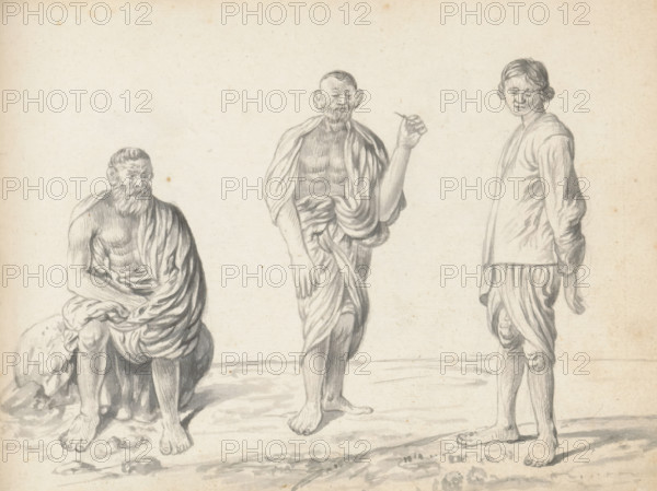 Three laborers, sketchbook page, Outside along the road are three men, as if they are posing for the artist. On the left, a man is sitting on a rock. He is wearing a loincloth (veshti, lungi) wrapped between his legs and pulled up to above his knees, and a second cloth (chadar) over his back, shoulders, and left arm, leaving his right arm uncovered. The ends of this cloth rest on his lap. The man in the middle is also wearing a calf-length loincloth (veshti, lungi), and a shawl (chadar) around his shoulders, back, and upper arms, the end of which is tucked into the waist. His upper body and both forearms are uncovered. A small straw is drawn in the raised left hand: probably a toothpick (dath katuwa). The standing man on the right is wearing a knee-length loincloth that appears to be draped in the Sinhalese style. Above that, the hip-length shirt (kamisaya) with long rolled-up sleeves. The two men on the left and in the middle are laborers from South India or Jaffna; the man on the rig...
