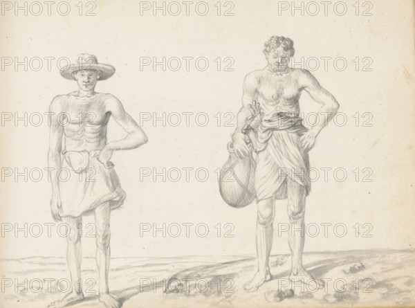 Labourer and a toddy tapper, sketchbook page, Two men are standing outside along a road on uneven terrain. The man on the left is wearing only a loincloth (veshti, lungi), folded short and tucked in at the waist. An old, broad-brimmed hat (toppiya) hangs above his ears. This man can be recognized by his hat as a toepas, probably brought from Jaffna to Colombo for work. The man on the right is a Sinhalese palm wine tapper and belongs to the Duravo (Durava) caste. He is wearing a high-drawn loincloth (veshti, wrapped around the waist in the Sinhalese manner. On his right hip, he carries a large earthenware pot (labu katey) to collect the palm wine. The pot is suspended in a net of cords, with which it can also be worn around his waist. At the waist, the end of a bundle of tools is visible: a case with knives for scoring the coconut palm flower and a hammer (thalanaya) for flattening the flower. The sap from the palm flower ferments very quickly in the open air – the light alcoholic drink...
