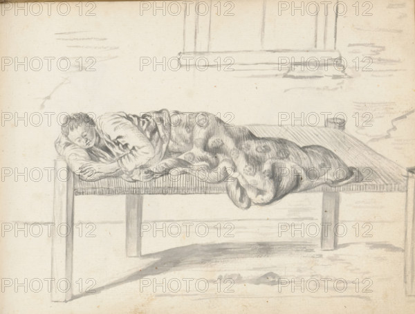Eurasian woman sleeping on a couch, sketchbook page, A Eurasian woman is sleeping on a wide wooden couch (enda) covered with rope or rattan. She is lying on her right side, her lower body and legs covered with a floral cloth. She rests her head on an oblong pillow. She is wearing a wide Portuguese blouse with a V-neck and long sleeves (hatte). The bed appears to be set up outside; a window is visible in the background. Sheet 111 from a sketchbook with 117 sheets., draftsman (artist): Esaias Boursse, Sri Lanka, 1662, draftsman (artist), South Asia, materials by function, paper, ink, brush, brush in gray, height 148 mm x width 196 mm, bed, couch, sofa, settee, Eurasion, half-caste, clothing for the upper part of the body (with NAME), overseas history, Colombo, Period, 1662 - 1670, A grayscale sketch shows a person lying on a simple wooden bed, their head resting on folded arms at the bed's edge and eyes closed, covered by a patterned blanket that drapes over the mattress and hangs slight...