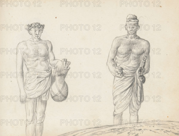 Toddy tapper and Sinhalese soldier, sketchbook page, Two men are standing outside on a slope. The man on the left is a palm wine tapper. He is wearing a double-folded and high-waisted loincloth (veshti, lungi). His upper body and legs are uncovered. On his left hip, he carries an earthenware pot (labu katey) for collecting the palm wine (toll cart or toddy), suspended in a net of cords by which the pot can be carried. Behind the pot hangs a wooden tube containing a bundle of tools: knives to cut into the flower of the coconut palm and a hammer (thalanaya) to flatten the flower. Around his head, the man wears a wreath of leaves, possibly to ward off insects. The man on the right is a Sinhalese mercenary (lascorijn). He is dressed in a knee-length loincloth (veshti, lungi), worn in the Sinhalese manner. His feet are hidden behind the drawn slope. The upper body is uncovered. A kastane (short sword) hangs from his left side, the hilt of which protrudes high. On his right side, a dagger pr...