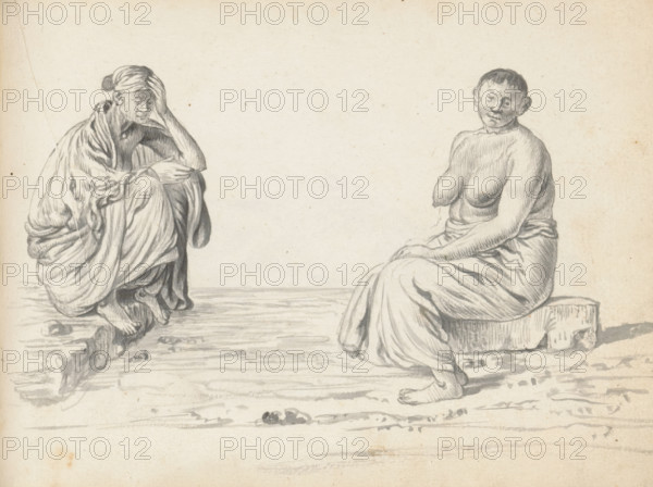 Two sitting women, sketchbook page, Two women are sitting outside on the street or near their homes. On the left, a thin woman is squatting on a stone curb. A wrap skirt (redda) hangs around her drawn-up knees. She wears a wide, loose-hanging shawl around her upper body. Beneath it, we see her bare shoulder, neck, and bent left arm. The woman wears a cloth on her head, from which a knot of hair protrudes from behind (condé). On the right, a woman is sitting on an elongated block of stone, with bent knees. Her only garment is a foot-length wrap skirt (redda). Her upper body, with full breasts, is uncovered. She is likely a wet nurse (min). The origin of both women is unclear: possibly Eurasian, low-caste Sinhalese, or Tamil from Jaffna. Sheet 113 from a sketchbook with 117 sheets., draftsman (artist): Esaias Boursse, Sri Lanka, 1662, draftsman (artist), South Asia, materials by function, paper, ink, brush, brush in gray, height 148 mm x width 196 mm, wet-nurse, working class, laborers -...