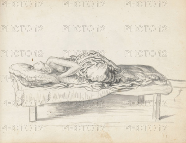 Man sleeping on a couch, sketchbook page, A man is sleeping on a wooden couch (enda) inside the house or under a canopy. On the right, his head rests on two pillows. On his head, he wears a cap or a headscarf tied around his neck. His upper body is uncovered. Like a sheet, he has pulled the loose, wide loincloth (veshti, lungi) over his lower body and his drawn-up knees. The man is probably a laborer from South India and employed in Colombo. A cloth has been pulled over the rattan or rope covering and the protruding legs, making it look like a mattress. A sheet lies on top of it. Sheet 114 from a sketchbook with 117 sheets., draftsman (artist): Esaias Boursse, Sri Lanka, 1662, draftsman (artist), South Asia, materials by function, paper, ink, brush, brush in gray, height 148 mm x width 196 mm, bed, Asiatic races and peoples: Indians, working class, labourers, couch, sofa, settee, 41D232, skirt (LUNGI), styles of hairdress (with NAME) -, women, overseas history, Colombo, Period, 1662 - ...