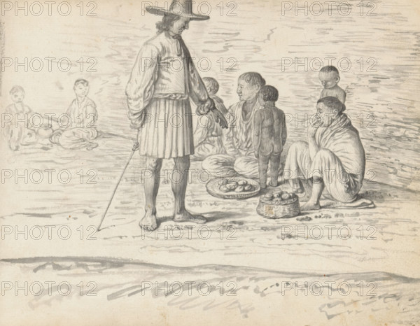 European man buys fruit at a market, sketchbook page, Outside on the street, a group of five Eurasian women are sitting on the ground. The woman on the far right is sitting on a folded cloth. Two unclothed children stand between them. The two women sketchily depicted on the left of the drawing are dressed in long wrap skirts (redda) and Portuguese blouses (hatte). An earthenware pot stands between them. The three women on the right are also wearing wrap skirts; two are wearing Portuguese blouses over them, and the woman on the far right is drawn with a cloth draped over her shoulders. The pinned-up hair bun (condé) is clearly visible on the two women on the right. Two baskets of mangoes stand on the ground in front of them. In the middle of the drawing stands a barefoot European man, dressed in a pleated skirt (trousers) and a short doublet tied tightly under the chin. Beneath that, a long-sleeved shirt with sleeves protruding from the sleeves of the doublet at the wrists. His hair is ...