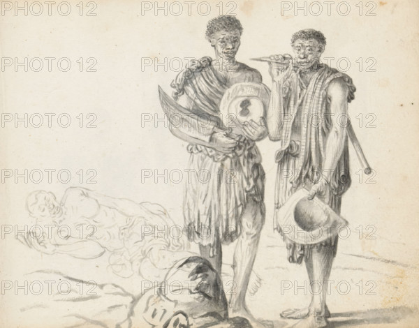 Three laborers, sketchbook page, Three men are depicted outdoors in uneven terrain. The man on the left is merely a sketch. He is lying on the ground, facing the viewer, sleeping on his side with his knees drawn up. He is wearing only a loincloth (veshti, lungi). His hair is short-shaven. Further forward, standing diagonally behind a pile of earth, are the two other men. The men have short, curly hair. They both hold a worn felt hat (toppiya) in their left hand. Both wear a double-folded loincloth reaching to the knee, tucked in at the waist. The man in the middle has a cloth tied over his right shoulder; the man on the right is wearing something resembling a sleeveless vest (kamisaya) of checkered fabric. The middle man carries a large cleaver (machete) over his right arm. The man on the right carries a pickaxe over his right shoulder, holding the point with his right hand. Judging by their appearance and clothing, the men likely come from South India or Jaffna, all brought to Colombo...
