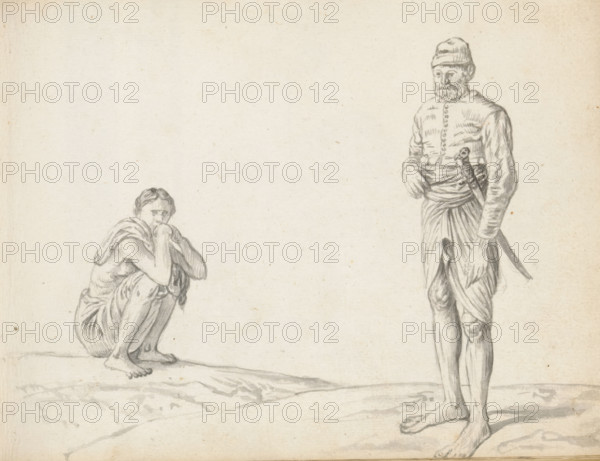 Sinhalese soldier and a squatting labourer, sketchbook page, Two men are depicted outdoors on a sloping terrain. On the left, a man is squatting. With bent arms resting on his knees, he holds both hands against his chin. The man is wearing a mid-length loincloth (veshti, lungi), and the flap of a shawl (chadar) hangs over his shoulder. His hair, parted in the middle, appears to be short. The man is likely from South India or Jaffna and employed in the reconstruction in Colombo. The standing man on the right is wearing a buttoned-up short jacket with long sleeves and a pleated hem (hettaya); underneath, a loincloth wrapped in the Sinhalese style (veshti, and a high-turned waistband around his waist. On his left hip hangs a scabbard with a mid-length sword (kastane); the decorated hilt shows a bird's head. The man is wearing a cap, a short beard, and a moustache. He is a Sinhalese mercenary (lascorin), currently in the service of the Dutch. He belongs to the Goviya caste. Sheet 24 from a...