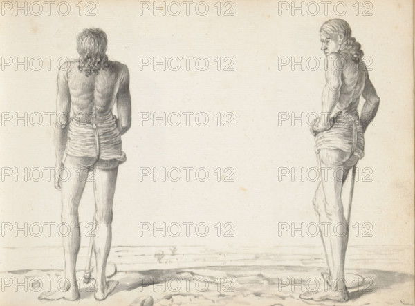 Two Sinhalese tillers, sketchbook page, Two men are standing outside at the edge of an open field. They are each standing with a hoe (udalla) on a long stick. They are both wearing only a small loincloth (lanket, lunket) that covers the groin and leaves the buttocks bare. Here it is clearly visible how the cloth has been pulled through the legs and tucked behind the fabric at the back. The long wavy hair of both men hangs loosely over the shoulders. Both men drawn are possibly one and the same figure. These man (men) are Sinhalese farmers belonging to the Goviya caste. They are clearly posing for the artist with the tool used to make the dikes in a rice field. The rice field in which they are working is possibly visible in the background. Sheet 30 from a sketchbook with 117 sheets., draftsman (artist): Esaias Boursse, Colombo, 1662, draftsman (artist), South Asia, materials by function, paper, ink, brush, brush in gray, height 148 mm x width 196 mm, working class, laborers, sawahs, ric...