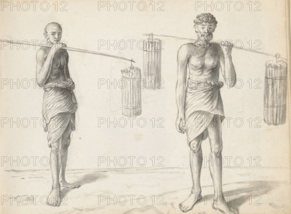 Two Sinhalese men with bales of cinnamon, sketchbook page, Outside, two men are standing by the road. Both carry a carrying pole (pingo) over their shoulders, from which hangs a bale of rolled cinnamon bark at the front and back. They belong to the occupational group of cinnamon peelers (chalias or Salagama). The man on the left is bald. He wears a loincloth (veshti, lungi) reaching above the knee, wrapped in the Sinhalese manner and tucked at the waist; the upper body is uncovered. He holds the carrying pole (pingo) on his right shoulder with his right hand. The rear bale of cinnamon is partially concealed in the back binding. The man on the right is dressed in a loincloth (veshti, wrapped in the Sinhalese manner and tucked at the waist; the upper body is uncovered. He has short curly hair, a mustache, and a short beard. On his left shoulder lies the carrying pole (pingo) from which bundles of cinnamon bark hang at the front and back. Sheet 34 from a sketchbook with 117 sheets., draft...
