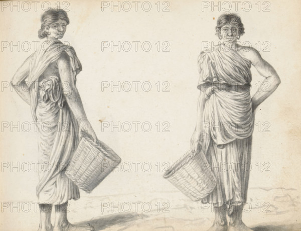 Two women, sketchbook page, Two possibly low-caste Tamil women from Jaffna stand outside side by side with a reed basket in their right hand. Both wear a South Indian wrap-around garment (selai or sari) tucked at the waist, the end of which is draped over the shoulder via the back and covers the upper body. Both women have parted their long hair in the middle and pinned back in a bun (condé). The earlobes of each are pierced and stretched. The woman on the left and the woman on the right may be one and the same woman, but drawn twice in a different position. Sheet 38 from a sketchbook with 117 sheets., draftsman (artist): Esaias Boursse, Sri Lanka, 1662, draftsman (artist), South Asia, materials by function, paper, ink, brush, brush in gray, height 148 mm x width 196 mm, styles of hairdress (with NAME) -, women, Asian races and peoples (with NAME), clothes covering the entire body (with NAME), overseas history, stretched earlobes, Colombo, Period, 1662 - 1670, Two standing figures in d...