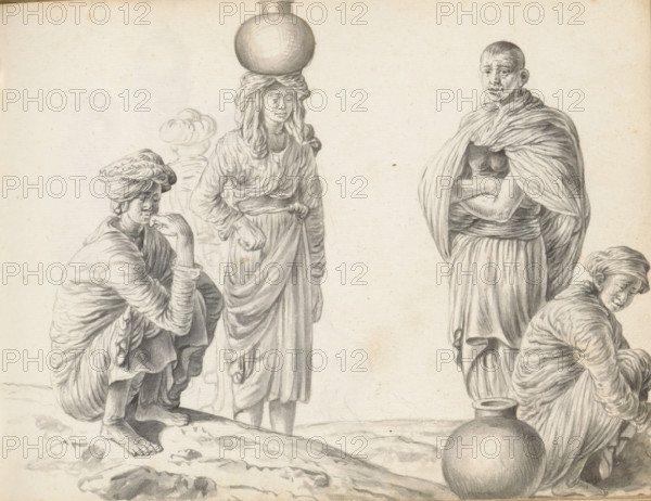 Four women and a man, sketchbook page, Outside on uneven ground, a group of people is drawn. On the far left, on a slope, a woman is crouching with her eyes closed. She is wearing a Portuguese blouse with a V-neck and long sleeves (hatte), a long wrap skirt (redda), and a rolled-up cloth around her head. The woman next to her is standing slightly back, her feet hidden behind the slope. She too is wearing a wrap skirt tucked at the waist, a Portuguese blouse, and a rolled-up headscarf hanging down her shoulders. On her head is a water jug (kalaya). Between them is a sketchy outline of a woman seen from behind. On the right stands a man with his arms folded in front of his stomach. He wears a wide hip garment (veshti, lungi), tied in a South Indian manner (like a dhoti) and rolled up at the waist; a second long cloth (chadar) hangs over his shoulders. The woman crouching in front of him to the right wears a Portuguese blouse (hatte), and a rolled-up cloth around her head. Next to her on ...
