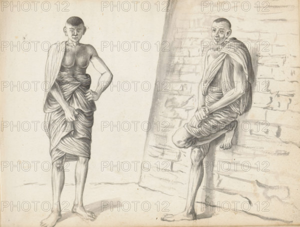 Two laborers, sketchbook page, Outside, by a sloping cliff stone wall, perhaps the corner of a fortress wall, stand two young men. The man on the left wears a folded loincloth (veshti, lungi) reaching to his knees; a shawl (chadar) hangs over his right shoulder and is also wrapped around his waist and tucked in at the waist. The man on the right leans his back against the sloping wall. He has drawn up his left leg with his foot against the wall and his knee forward. He wears a loincloth (veshti, lungi) reaching to his knees, and a cloth (chadar) over his left shoulder. Both men are from South India and are employed in Colombo for the reconstruction. Sheet 55 from a sketchbook with 117 sheets., draftsman (artist): Esaias Boursse, Sri Lanka, 1662, draftsman (artist), South Asia, materials by function, paper, ink, brush, brush in gray, height 148 mm x width 196 mm, Asiatic races and peoples: Indians, working class, laborers, 41D232, skirt (LUNGI), head-gear (with NAME), overseas history, ...
