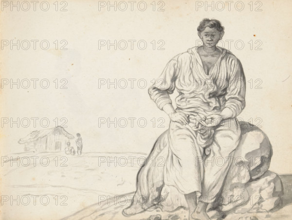 Woman sitting on a boulder, sketchbook page, A Eurasian woman is sitting on a boulder. She is dressed in a long wrap skirt (redda) and a wide Portuguese blouse with a V-neck and long sleeves (hatte). Her hair is thick and wavy, without a middle parting, but probably tied in a bun (condé) at the back. On her lap lies something that looks like an open pouch. The fingers of her left hand are holding something, perhaps an areca nut. In the background on the left, a small house with a doorway is drawn very sketchily; the house (mati geya) has half-timbered walls of wood with woven domes and palm leaf, filled and plastered with clay (mati), and a roof of coconut palm leaf (cadjan) that projects far out. In front of it, a seated and a standing figure are drawn sketchily. Sheet 59 from a sketchbook with 117 sheets., draftsman (artist): Esaias Boursse, Sri Lanka, 1662, draftsman (artist), South Asia, materials by function, paper, ink, brush, grey brush, height 148 mm x width 196 mm, Eurasion, h...