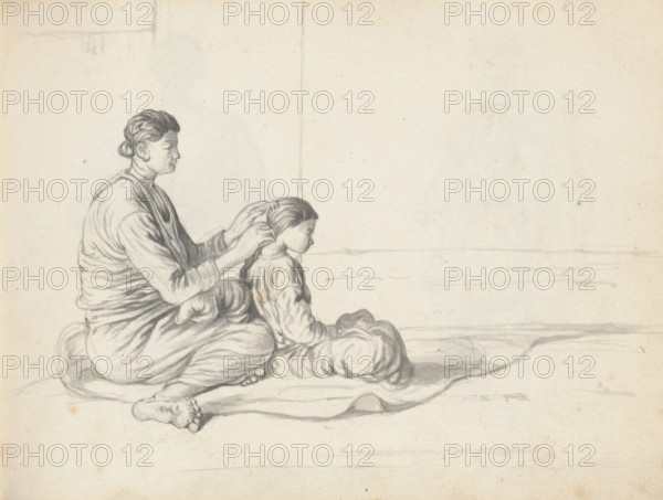 Woman combing a young girl's hair, sketchbook page, In an interior space, of which a corner of two walls is visible, a Eurasian woman and a girl are sitting on a rolled-out mat or rug. They are both drawn from the right side. The woman on the left, seated side-saddle, is combing the hair of the girl sitting cross-legged in front of her. In her left hand, the woman holds a comb. The woman is wearing a wrap skirt (redda) and a Portuguese blouse with a V-neck and long sleeves (hatte); her hair is tied back in a bun (condé). The girl is also wearing a wrap skirt and a blouse with long sleeves. Her long hair is combed back in a braid. Sheet 60 from a sketchbook with 117 sheets., draftsman (artist): Esaias Boursse, Sri Lanka, 1662, Esaias Boursse, draftsman (artist), South Asia, materials by function, paper, ink, brush, grey brush, height 148 mm x width 196 mm, comb, brush and other tools (care of the hair) - AA -, women, Eurasion, half-caste, styles of hairdress (with NAME) -, skirt (with N...