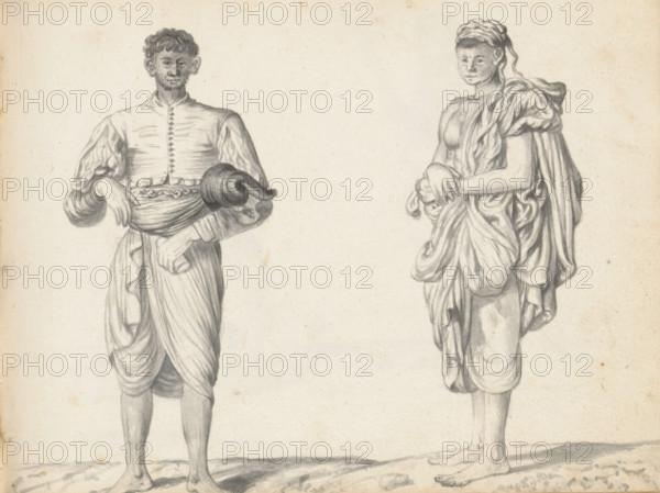 Sinhalese soldier and a labourer, sketchbook page, Outside, two men are standing on uneven ground. The man on the left is dressed in a knee-length loincloth (veshti, lungi), wrapped in the Sinhalese manner, with a wide, tight waistband folded in half to hold something. Over this is a short Portuguese jacket with wide sleeves (hettaya), high-necked with buttons and finished at the bottom with a narrow pleated band. Under his bent left arm, he holds a rolled-up cloth. He is a lowland Sinhalese (goviya caste) and probably a mercenary (lascorijn) who possibly acted as a messenger. The man on the right is dressed in a knee-length loincloth (veshti, lungi). A second cloth (chadar) is draped over his left shoulder and hangs down his back. His upper body and arms are uncovered. A cloth is wrapped around his head. He probably hails from South India, brought to Colombo as a laborer. Sheet 61 from a sketchbook with 117 sheets., draftsman (artist): Esaias Boursse, Sri Lanka, 1662, draftsman (artis...