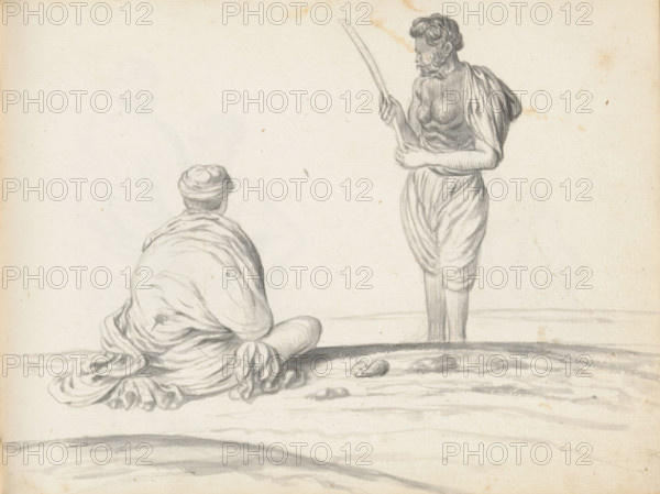 Two labourers, sketchbook page, On the left, on the ground in uneven terrain, sits a man in a cross-legged position, drawn from behind. His back and shoulders are completely wrapped in a large shawl (chadar). Of the loincloth (veshti, lungi) he is wearing, only some folds are visible on the right. Around his head, which has short-cropped hair, he wears a headscarf or cap. The standing man wears a knee-length loincloth (veshti, lungi) pulled up between the legs and rolled up broadly at the waist, and a shawl (chadar) over his left shoulder and left upper arm. His upper body, right arm, and left forearm are uncovered. He is looking at his hands with which he is holding up a piece of palm leaf (?). Both men are likely from South India and were employed in Colombo in the reconstruction. Sheet 62 from a sketchbook with 117 sheets., draftsman (artist): Esaias Boursse, Sri Lanka, 1662, draftsman (artist), South Asia, materials by function, paper, ink, brush, brush in gray, height 148 mm x wid...