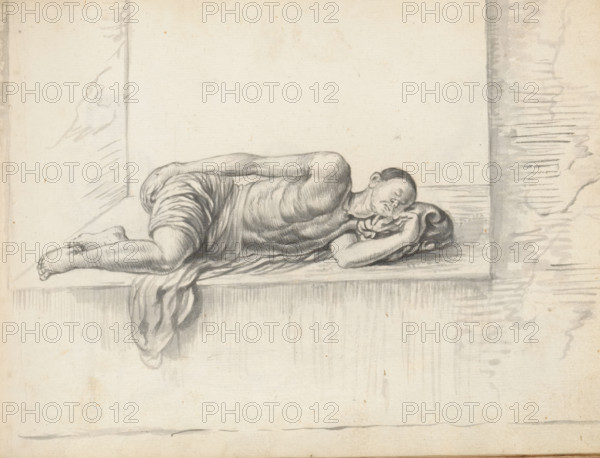 Man sleeping on a window-sill, sketchbook page, A man is sleeping on a wide window-sill (or niche in a wall). He is lying on his left side with his knees drawn up and is wearing a loincloth (veshti, lungi) pulled up above his knees, one end of which hangs forward over the edge; his upper body is uncovered. Beneath him lies a cloth – probably his shawl (chadar) which is rolled up at the end to support his head. Given his clothing, the man may be from South India and employed in Colombo. Sheet 73 from a sketchbook with 117 sheets., draftsman (artist): Esaias Boursse, Sri Lanka, 1662, draftsman (artist), South Asia, materials by function, paper, ink, brush, brush in gray, height 148 mm x width 196 mm, Asiatic races and peoples: Indians, 41D232, skirt (LUNGI), head-gear (with NAME), overseas history, Colombo, Period, 1662 - 1670, A graphite drawing of a person lying on a raised surface, shown in profile, with eyes closed and head resting on folded arms; the figure is partially draped with ...
