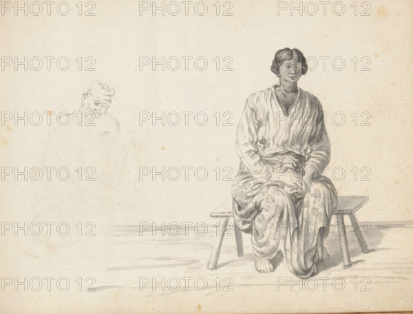 Woman sitting on a bench and sketch of a sitting man, sketchbook page, Inside, a woman is sitting on a small wooden bench. She is dressed in a foot-length skirt – or wrap skirt (redda) – of floral fabric, and a wide Portuguese blouse with a V-neck and long sleeves (hatte). Her wavy hair is parted in the middle and probably pinned back in a bun (condé). The bench on which she is sitting is a narrow wooden plank less than a meter wide on four diagonally placed round wooden legs. On the left of the page is an unfinished sketch of a sitting man. He is wearing a cap and has a beard. Sheet 78 from a sketchbook with 117 sheets., draftsman (artist): Esaias Boursse, Sri Lanka, 1662, draftsman (artist), South Asia, materials by function, paper, ink, brush, grey brush, height 148 mm x width 196 mm, Eurasion, half-caste, styles of hairdress (with NAME) -, women, skirt (with NAME), clothing for the upper part of the body (with NAME), overseas history, Colombo, Period, 1662 - 1670, A pencil drawing ...
