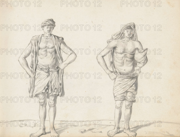 Two labourers, sketchbook page, Two men are standing on uneven terrain outdoors. The man on the left is wearing a knee-length loincloth (veshti, lungi), folded in half, tied around the waist, and fastened at the waist. From the shoulders, the long ends of a draped cloth (chadar) of checkered fabric hang down. A cloth is tied around the head; the short hair is still visible. The man on the right is also wearing a loincloth (veshti, lungi) reaching above the knees, wrapped with one end passed between the legs to the back, then tucked in and folded at the waist (like a dhoti). A loose checkered or striped cloth (chadar) is draped around the head of short hair, hanging down the back, one end tucked under the left arm. The men are from South India or Jaffna and are employed in Colombo in the reconstruction effort. Sheet 8 from a sketchbook with 117 sheets., draftsman (artist): Esaias Boursse, Sri Lanka, 1662, draftsman (artist), South Asia, materials by function, paper, ink, brush, brush in...