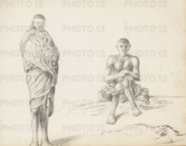 Two laborers outside, one standing and one sitting, sketchbook page, Two men are drawn outside on uneven terrain. The standing man on the left wears a loincloth (veshti, lungi) lifted to above his knees and is otherwise completely wrapped in a shawl (chadar). Only the fingers of his left hand and his head protrude. On the right, a man is sitting on a wooden beam (or stone). He wears only a loincloth, lifted to above the knees. The folds hang on and next to the seating beam. The upper body and arms are uncovered. The clothing suggests an origin from South India or Jaffna. The men were probably put to work in Colombo for the reconstruction. Sheet 82 from a sketchbook with 117 sheets., draftsman (artist): Esaias Boursse, Sri Lanka, 1662, draftsman (artist), South Asia, materials by function, paper, ink, brush, brush in gray, height 148 mm x width 196 mm, Asiatic races and peoples: Indians, working class, laborers, 41D232, skirt (LUNGI), head-gear (with NAME), overseas history, Colombo, Pe...