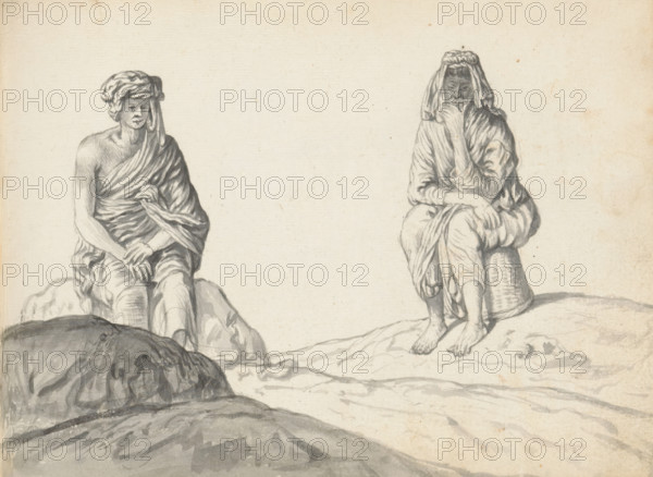 Man and woman, both laborers, sketchbook page, In hilly terrain, a man is seated on a rock on the left. He is dressed in a long loincloth (veshti, lungi, or South Indian dhoti?) and a shawl (chadar) that leaves his right shoulder uncovered. A large headscarf is wrapped around his head. He may be from South India and employed here. On the right, a woman is seated on an overturned basket. She is dressed in a long wrap skirt (redda) and a Portuguese blouse with a V-neck and long sleeves (hatte). Her head is covered with a hanging cloth, on which rests a carrying ring. She may be a Eurasian or Sinhalese woman of low caste. Both figures are drawn from the front. The artist found them resting from their labor. Sheet 86 from a sketchbook with 117 sheets., draftsman (artist): Esaias Boursse, Sri Lanka, 1662, draftsman (artist), South Asia, materials by function, paper, ink, brush, brush in gray, height 148 mm x width 196 mm, Asiatic races and peoples: Indians, working class, labourers, laborer...
