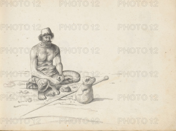 Sinhalese man with knapsack, sketchbook page, A Sinhalese man is squatting on a stone block, outside along the road. He is wearing a hitched loincloth (vesthi, lungi), his upper body is uncovered. His arms rest on his thighs, his hands clasped together. He has medium-length curly hair, a large moustache, and a short, full beard. On his head is a cap. In front of him on the ground lies a long pointed stick with a round knob, and a tied-up sack. The stick is probably a carrying pole. Sheet 9 from a sketchbook with 117 sheets., draftsman (artist): Esaias Boursse, Sri Lanka, 1662, draftsman (artist), South Asia, materials by function, paper, ink, brush, brush in gray, height 148 mm x width 196 mm, knapsack, rucksack, Asiatic races and peoples (SRILANKANS), 41D232, skirt (LUNGI), overseas history, Colombo, Period, 1662 - 1670, A monochrome drawing shows a bearded man sitting cross-legged on a ground surface, wearing a tall hat and minimal clothing that exposes his chest and limbs, with his ...