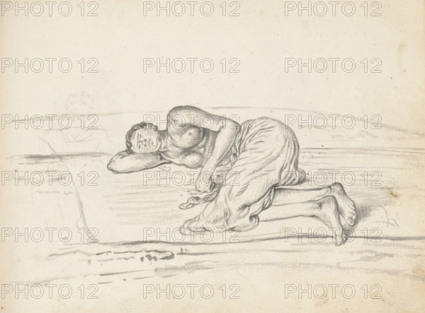 Man sleeping on a mat on the ground, sketchbook page, A man is sleeping on the ground. He is lying with his knees drawn up on a wide mat (padura). Around his lower body he wears a loincloth (veshti, lungi) reaching below his knees. His upper body and arms are uncovered. A hole is drawn in the visible earlobe. The man is probably a laborer from South India and employed in Colombo. On the right of the page – below the lines of the mat and the ground – a faint sketch of a woman's upper body can be seen. Sheet 90 from a sketchbook with 117 sheets., draftsman (artist): Esaias Boursse, Sri Lanka, 1662, Esaias Boursse, draftsman (artist), South Asia, metal, inorganic material, materials by function, paper, ink, metal stylus, brush, grey brush, possibly with metal stylus, height 148 mm x width 196 mm, Asiatic races and peoples: Indians, working class, labourers, ears, 41D232, skirt (LUNGI), stretching parts of the body (lips, earlobes, etc.), overseas history, Colombo, Period, 1662 - 1670, A m...