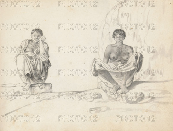 Two sitting labourers, sketchbook page, Two men are sitting outside on a sloping, uneven ground. The man on the left is squatting on a raised stone step. He is wearing a loincloth (veshti, lungi) reaching below his knees and an open, long-sleeved shirt with a frayed hem lying over his knee. The man on the right is sitting on the ground next to a curb with his knees spread and bent, leaning his back against a rock formation. He too is wearing a long loincloth, pulled up to his knee. Sheet 91 from a sketchbook with 117 sheets., draftsman (artist): Esaias Boursse, Sri Lanka, 1662, draftsman (artist), South Asia, materials by function, paper, ink, brush, brush in gray, height 148 mm x width 196 mm, Asiatic races and peoples: Indians, working class, laborers, 41D232, skirt (LUNGI), clothing for the upper part of the body (with NAME), overseas history, Colombo, Period, 1662 - 1670, Two seated figures drawn in pencil on light paper occupy the scene, one on the left wrapped in draped cloth wit...