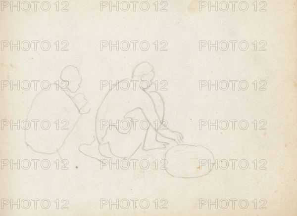 Two squatting figures, sketchbook page, The barely visible outlines of a vague sketch of two squatting figures have been heavily traced with a hard pencil lead. It was clearly done by an untrained hand, long after 1671, possibly with the aim of copying them onto another piece of paper. Page 93 from a sketchbook with 117 pages., draftsman (artist): Esaias Boursse, Sri Lanka, 1662 - after 1671, draftsman (artist), South Asia, paper, pencil, brush, height 148 mm x width 196 mm, squatting, crouching figure, overseas history, Colombo, Period, 1662 - 1670, A pale, textured background with faint pencil outlines of three seated figures viewed from the side and back, showing simple rounded heads and curved shoulders, one figure crouched with an arm extended toward a round, cushion-like shape on the ground, another figure slightly hunched nearby, and a larger, more rounded form behind them; the sketch lines are light and sketchy against the off-white, slightly aged paper.