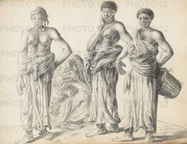 Two laborers and two women laborers, sketchbook page, Outside, four figures are drawn. African features can be recognized in two of them. On the left stands a man in a foot-length hip garment (veshti, lungi) with a second cloth (chadar) wrapped around his waist. His upper body is bare and he wears a headscarf on his head. A woman is crouching diagonally behind him. She is wearing a long wrap-around dress (selai or sari) or wrap-around skirt (redda). The end of the dress or a loose cloth (chadar) is draped over her head and shoulders, leaving her upper body and breasts partially uncovered. The man next to him, like the first man, wears a long hip garment, a shoulder cloth around his waist, and a bare upper body; he has short curly hair. The woman on the far right is wearing a long South Indian wrap dress (selai or sari) the end of which is draped forward over her right shoulder, covering her upper body and tucked around her waist. She has short curly hair. In her left hand, she holds a ...
