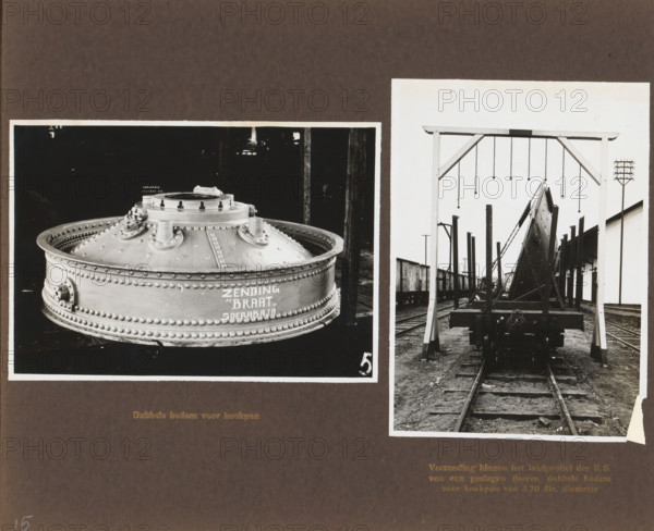 Double bottom for cooking pot, Shipment within the SS loading profile of a hammered iron double bottom ..., album page, photograph, Album page with two photos of a boiler component. Manufactured by Machinefabriek Braat. Part of the photo album Machinefabriek Braat Soerabaia-Djocja-Tegal, ca. 1916-1924., Surabaya, 1916 - 1924, photographer, Java, East Java, paper, pasteboard, gelatin silver print, developing gelatin silver print, height 240 mm x width 290 mm, Person, State Railways Exploitation Company, NV Machinefabriek Braat, colonial system, machines, parts of machines, tools and appliances, freight train, economic history, overseas history, sugar industry, business history, Period, A composite image mounted on a dark background shows two black-and-white photographs side by side; the left photograph depicts a large circular metal component with rivets and bolted flanges, a textured dome surface, and a raised central hatch, all set against a dark interior, while the right photograph s...