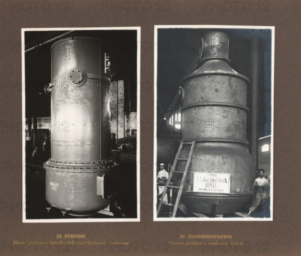 Sf. Perning New cast iron lower piece ... Sf. Randoegoenting New cast iron condenser (1924), album page, photograph, Album page with two photos of machines. Produced by Machinefabriek Braat and intended for the Perning and Randoe Goenting Sugar Factories, 1924. Part of the photo album Machinefabriek Braat Soerabaia-Djocja-Tegal, ca. 1916-1924., Surabaya, 1924, photographer, Java, East Java, paper, pasteboard, gelatin silver print, height 240 mm x width 290 mm, Person, NV Machinefabriek Braat, Perning Sugar Factory, Randoe Goenting Sugar Factory, director, boss (in modern industry), colonial system, machines, parts of machines, tools and appliances, factory-interior, machine shop (men (labourers)), economic history, overseas history, sugar industry, corporate history, Period, 1916 - 1924, Two vertical black-and-white photographs mounted side by side on a dark matte background show large cylindrical industrial vessels inside a factory setting; the left photograph features a tall riveted ...