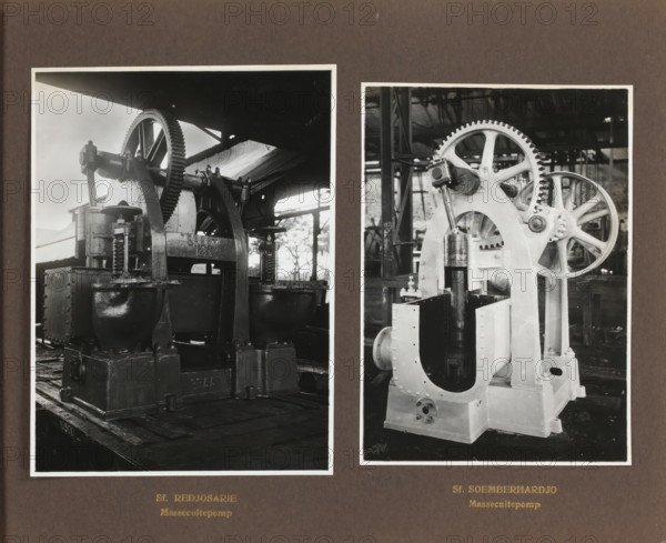 Sf. Redjosari Massecuite pump, album page, photograph, Album page with two photos of a pump. Manufactured in 1923 by Machinefabriek Braat and intended for the Redjosari Sugar Factory. Part of the photo album Machinefabriek Braat Soerabaia-Djocja-Tegal, ca. 1916-1924., Surabaya, 1923 - 1924, photographer, Java, East Java, paper, pasteboard, gelatin silver print, developing gelatin silver print, height 240 mm x width 290 mm, Person, NV Machinefabriek Braat, Redjosari Sugar Factory, colonial system, factory-interior, machine shop, machines, parts of machines, tools and appliances, economic history, overseas history, sugar industry, business history, Period, 1916 - 1924, Two vertical black and white photographs mounted on a dark background show industrial machinery. The left photograph displays a heavy cast-iron machine with large gears and curved supports, visible springs and bowls, and a wooden platform beneath it, with an arched roof and structural beams in the background. The right pho...