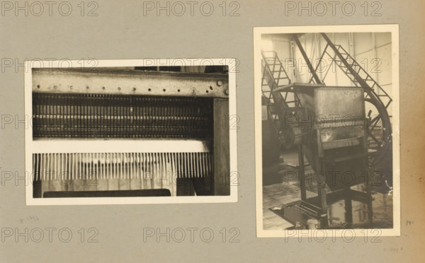 Machine, album page, photograph, Album page with two photos of a machine. Part of a photo album with photos of machines and constructions of the NV Machinefabriek Braat in Surabaya, Sukabumi, and Tegal from the period 1931-1937., Java, 1931 - 1937, photographer, paper, pasteboard, gelatin silver print, developed gelatin silver print, height 106 mm x width 156 mm, height 250 mm x width 320 mm, Person, NV Machinefabriek Braat, machines, parts of machines, tools and appliances, economic history, overseas history, company history, Period, Two black and white photographs are mounted on a gray background. The left photograph shows a close-up of a metal component with rows of thin vertical teeth or fins and a perforated metal strip along the top edge. The right photograph depicts an industrial scene with a tall metal machine featuring a rectangular upper box, a lower chute with visible comb-like teeth, supporting legs, and a large spoked wheel and ladder-like framework behind it; the floor ar...