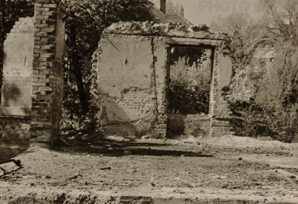 Part of a ruin, with an overgrown wall containing a doorway and bushes surrounding it, with a section of wall to the left of it, photograph, with a section of wall to the left of it., 1945 - 1970, photographer, paper, gelatin silver print, developed gelatin silver print, height 75 mm x width 105 mm, Period, A sepia-toned scene of a partially demolished brick wall with a rectangular doorway opening showing vegetation through it, rough exposed mortar and plaster on the remaining wall surfaces, scattered rubble and debris on the ground in front, a tall brick pillar at the left edge, leafy trees and bushes visible behind and around the ruined structure, and a sloped roofline of a distant building visible near the top center.