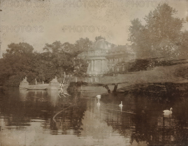 Country house on the bank of a body of water where swans are swimming, with trees in the background, photograph, with trees in the background., 1900 - 1950, photographer, paper, gelatin silver print, developed gelatin silver print, height 85 mm x width 110 mm, Period, A faded sepia scene of a grand domed building partially obscured by trees along a sloping lawn beside a reflective body of water, with ornamental stone balustrades and sculptures visible near the waterline, a small boat moored by the shore, three swans floating on the water, tree reflections rippling across the surface, and a large irregular patterned blemish over the left-center of the image.