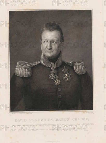 David Hendricus, Baron Chassé, Lieutenant General, Commander-in-Chief of the Citadel of Antwerp, and of His Majesty's Naval Forces on the Eastern Scheldt, print, Portrait of Baron Chassé, bust, head to the left, with epaulets and three knightly orders., printmaker: Johannes Philippus Lange, Netherlands, after painting by Jan Willem Pieneman, printer (person): Jacobus Franciscus Brugman, Amsterdam, publisher: Johannes Immerzeel, c. 1831, Johannes Philippus Lange, Jan Willem Pieneman, Jacobus Franciscus Brugman, Johannes Immerzeel, printmaker, after painting by, printer (person), publisher, paper, etching, engraving, etching and engraving, height 460 mm x width 352 mm, Person, David Hendrik baron Chassé, historical persons, Belgian Revolution, military history, Period, 1830 - 1832, A monochrome engraved portrait of a man shown from the waist up wearing a dark military uniform with a high collar and decorative epaulettes on each shoulder, his face turned slightly to the viewer's left with...