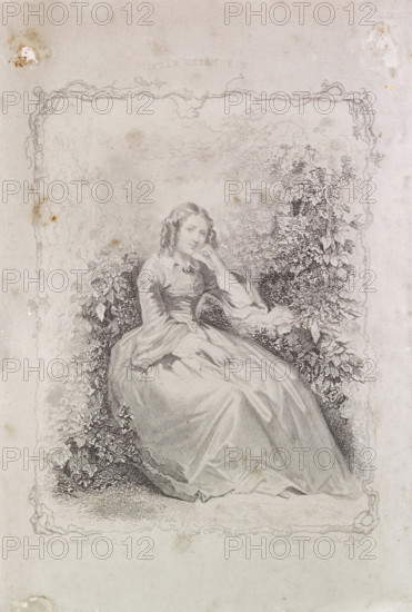 Pondering woman, steel plate, maker: Dirk Jurriaan Sluyter (signed by artist), after design by Herman Frederik Carel ten Kate, publisher: Kraay, Gebroeders, 1832 - c. 1870, metal, inorganic material, steel (alloy), steel engraving, height 182 mm x width 116 mm, A lightly colored engraving shows a seated woman in a long flowing dress with fitted bodice and long sleeves, her hair in soft curls around her face, one hand resting against her cheek and the other folded in her lap; she sits amid dense foliage and flowering plants that frame her on both sides, with a decorative border of twisting vines around the scene and subtle shading and stippling creating texture on the dress, leaves, and background; the paper shows some age marks and stains around the edges.