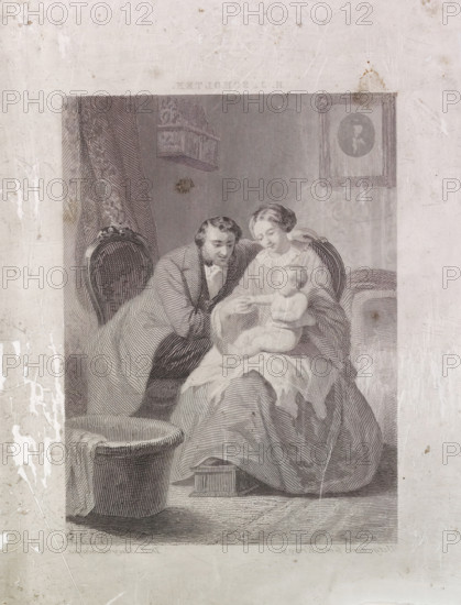 Couple with child, steel plate, maker: Dirk Jurriaan Sluyter (signed by artist), after design by Hendrik Jacobus Scholten, publisher: Kraay, Gebroeders, 1834 - c. 1870, metal, inorganic material, steel (alloy), steel engraving, height 173 mm x width 120 mm, A rectangular engraving shows a seated man and woman leaning toward a baby on the woman's lap, the man holding the baby's hand while both adults look at the child. The woman wears a flowing dress and has hair parted and smoothed back; the man wears a jacket and has facial hair. The figures sit on ornate chairs with carved backs and a draped curtain is visible behind them. A framed oval portrait hangs on the wall to the right above a cushioned piece of furniture. A round basket or footstool sits in front of the figures at floor level and a small box is beneath the woman's skirt. The engraving is set within a worn and stained paper mount showing scratches and smudges, and there is a handwritten label in dark ink at the bottom right of...